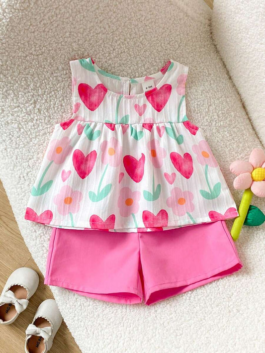 Cherry Print Sleeveless Top and Red Shorts Set for Baby Girls