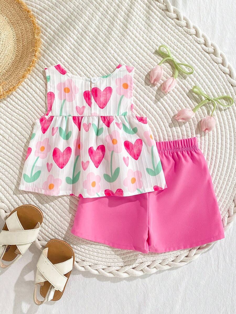 Cherry Print Sleeveless Top and Red Shorts Set for Baby Girls