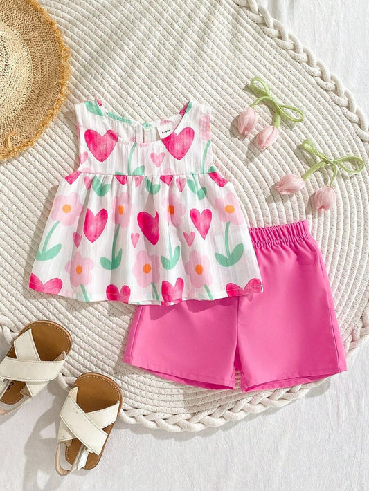 Cherry Print Sleeveless Top and Red Shorts Set for Baby Girls