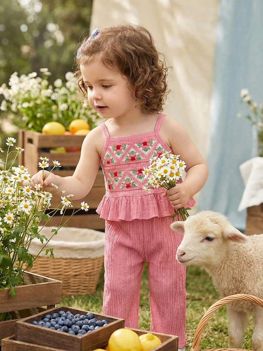 Delicate Strap Top And Solid Pants Set For Toddler Girls Casual Outfit