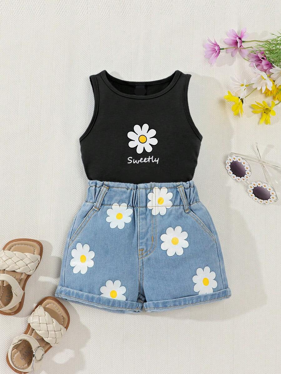 Baby Girl 2-Piece Summer Floral Print Top and Loose Denim Shorts Outfit
