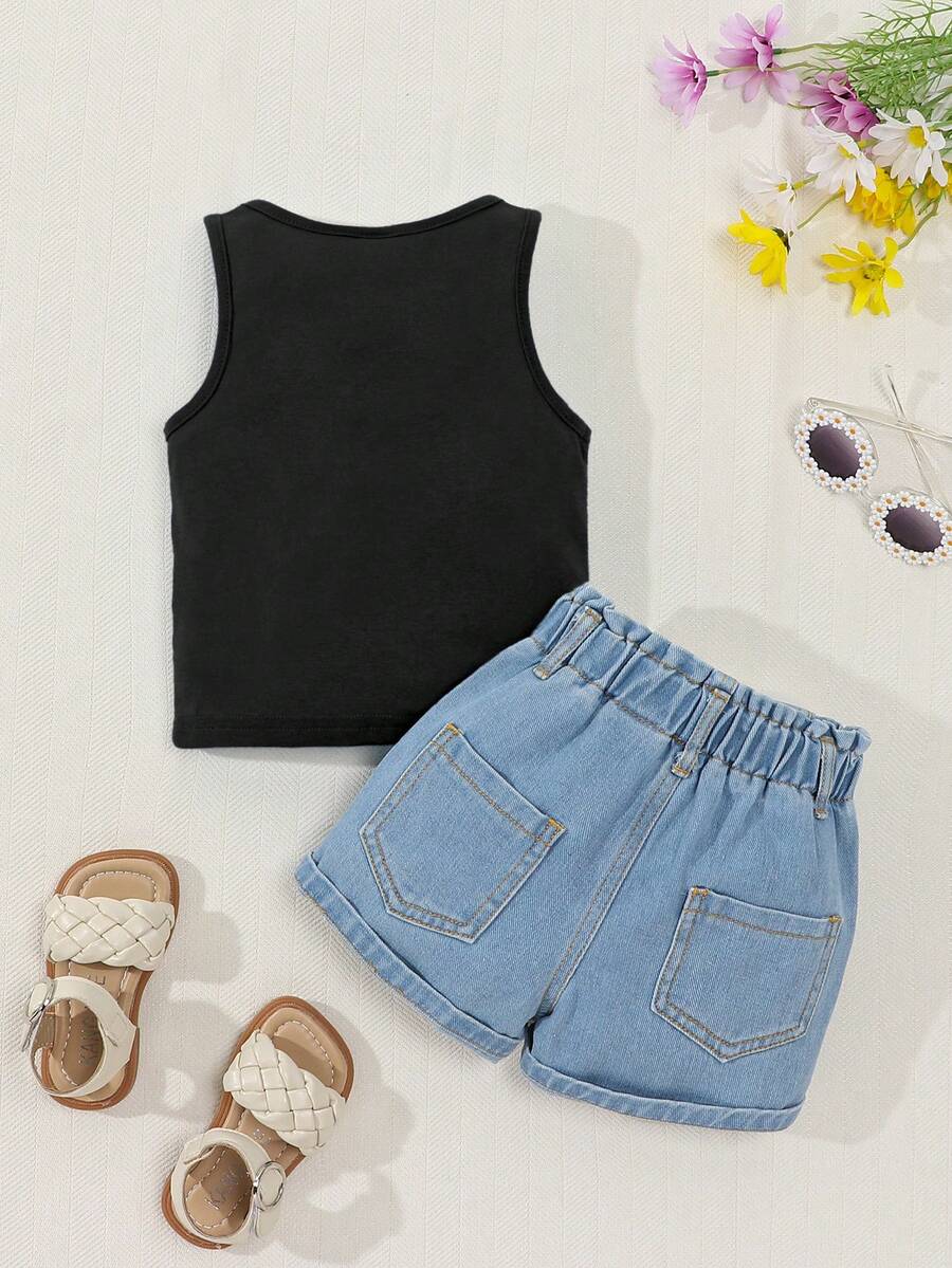 Baby Girl 2-Piece Summer Floral Print Top and Loose Denim Shorts Outfit
