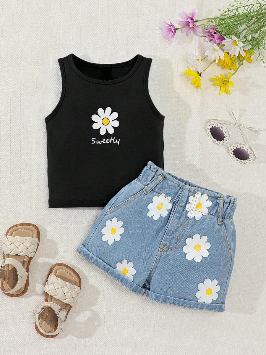 Baby Girl 2-Piece Summer Floral Print Top and Loose Denim Shorts Outfit