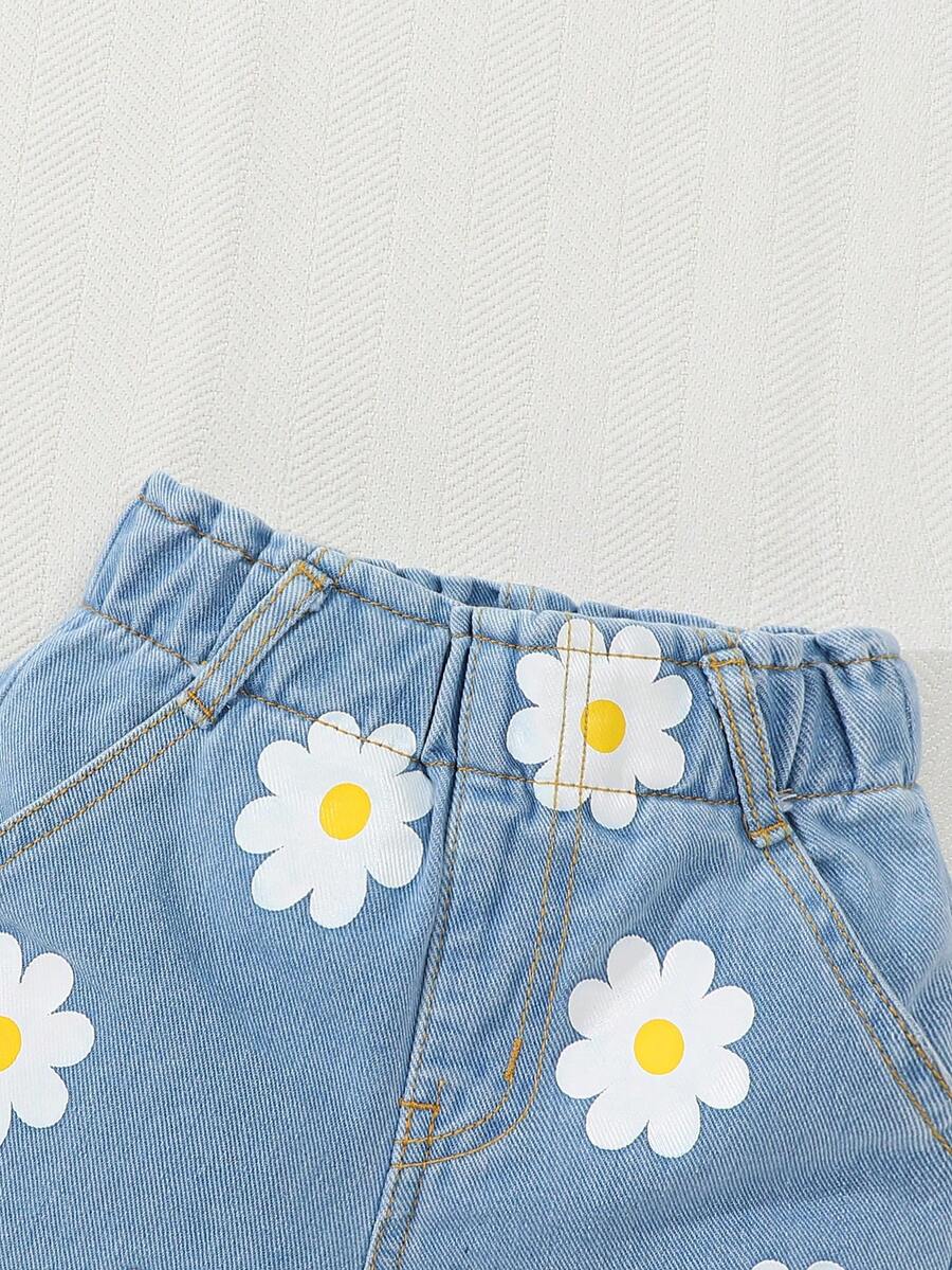 Baby Girl 2-Piece Summer Floral Print Top and Loose Denim Shorts Outfit