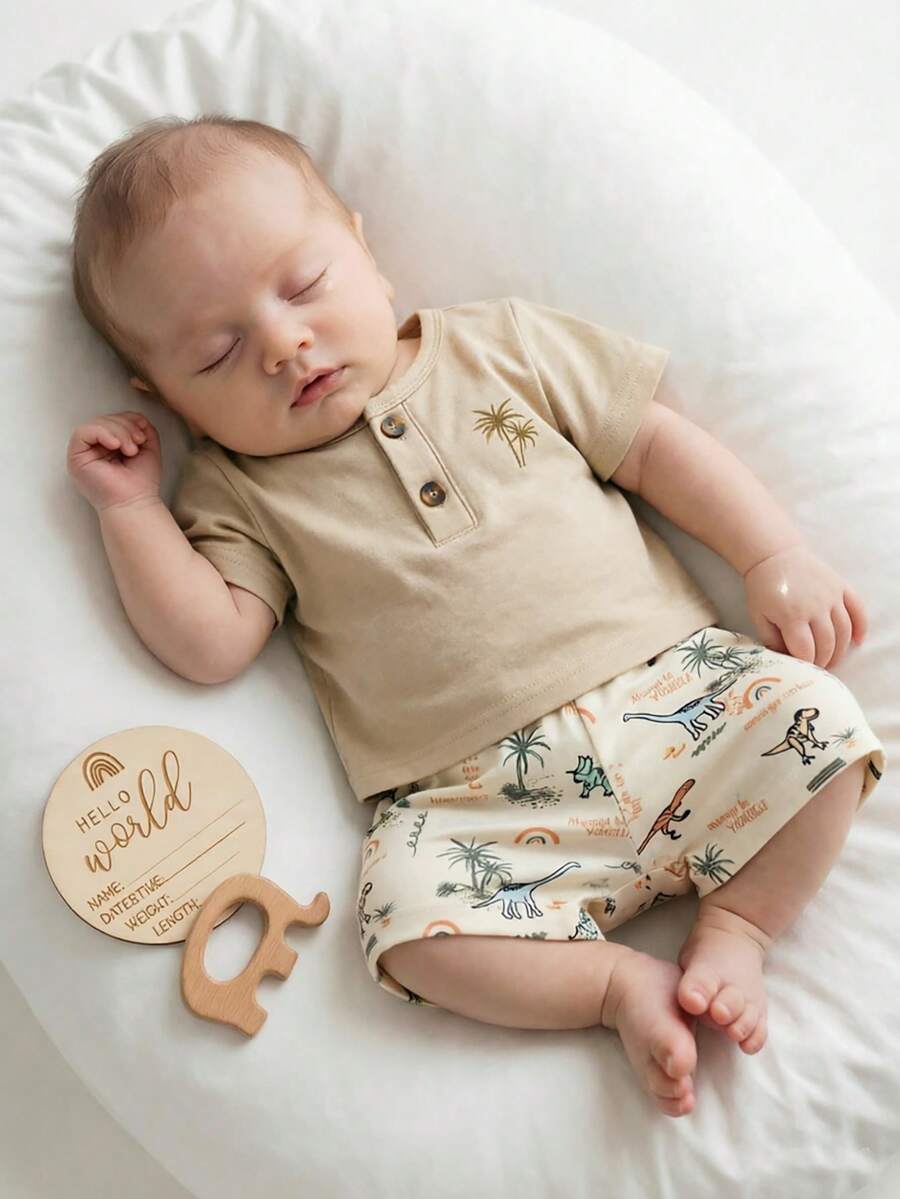 2PCS Baby Boy Coconut Tree Top and Dinosaur Shorts Set for Cute Summer Daily Wear