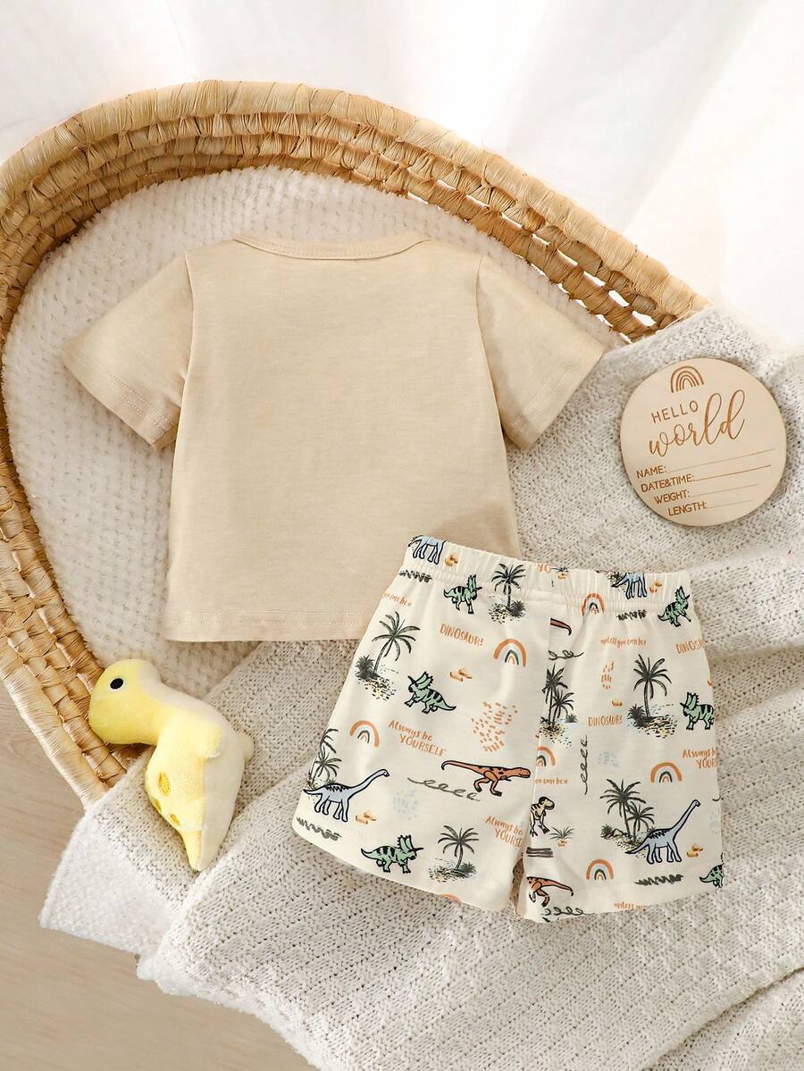 2PCS Baby Boy Coconut Tree Top and Dinosaur Shorts Set for Cute Summer Daily Wear