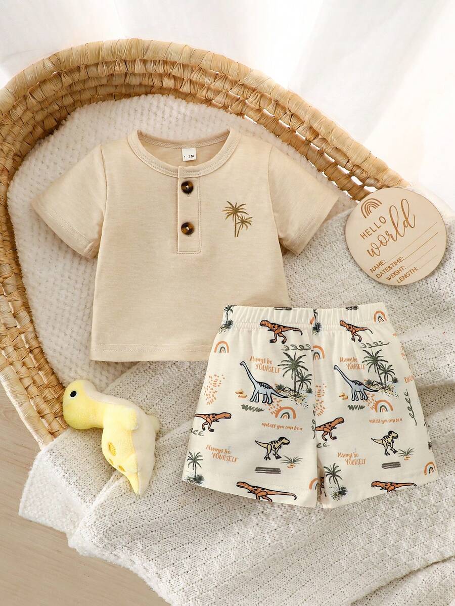 2PCS Baby Boy Coconut Tree Top and Dinosaur Shorts Set for Cute Summer Daily Wear
