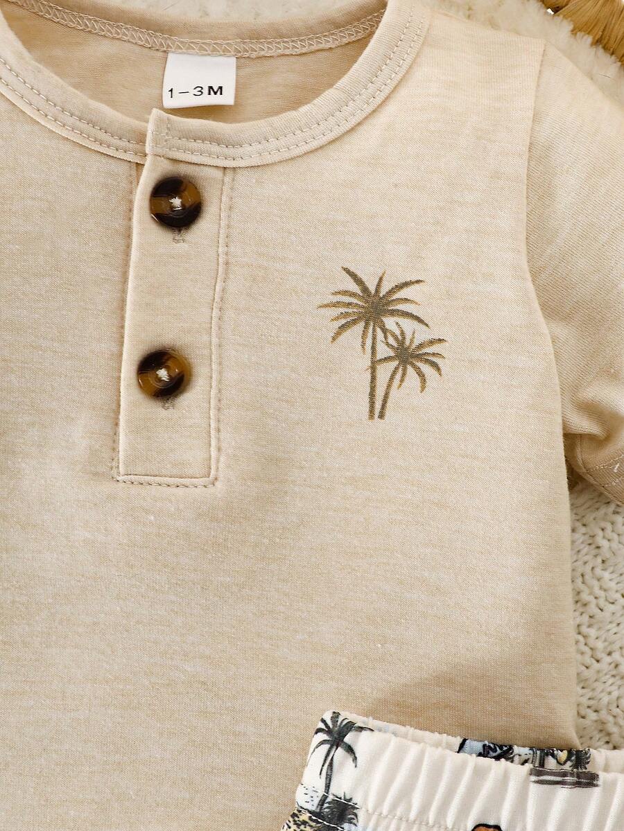 2PCS Baby Boy Coconut Tree Top and Dinosaur Shorts Set for Cute Summer Daily Wear