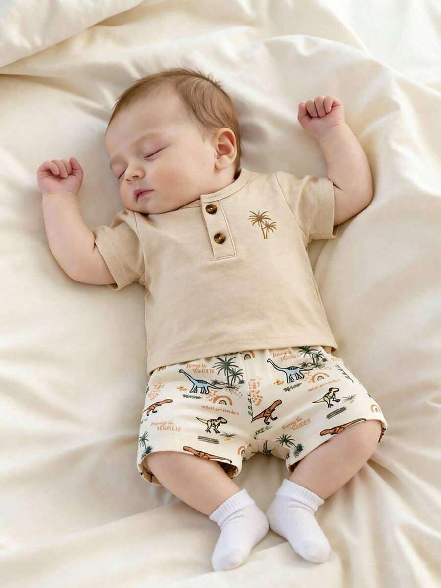2PCS Baby Boy Coconut Tree Top and Dinosaur Shorts Set for Cute Summer Daily Wear