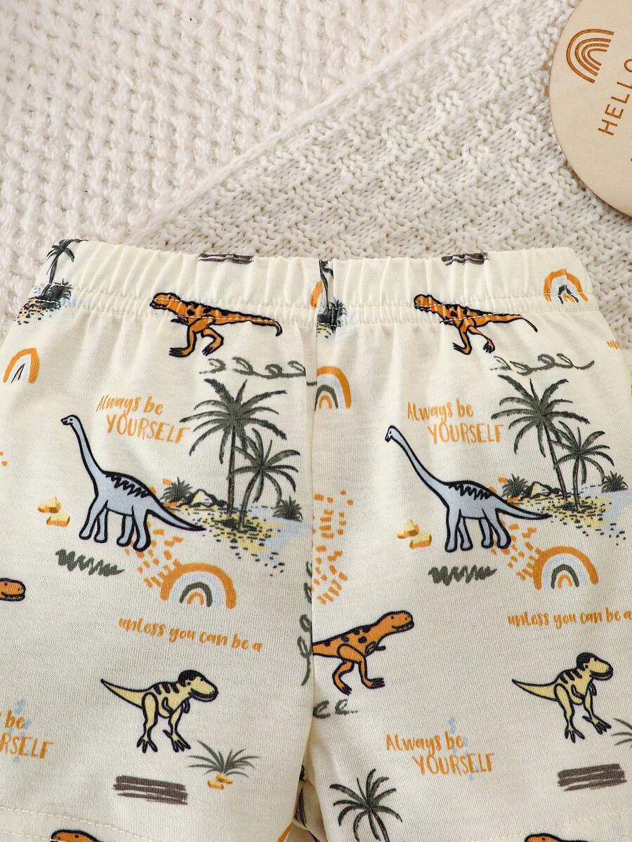 2PCS Baby Boy Coconut Tree Top and Dinosaur Shorts Set for Cute Summer Daily Wear