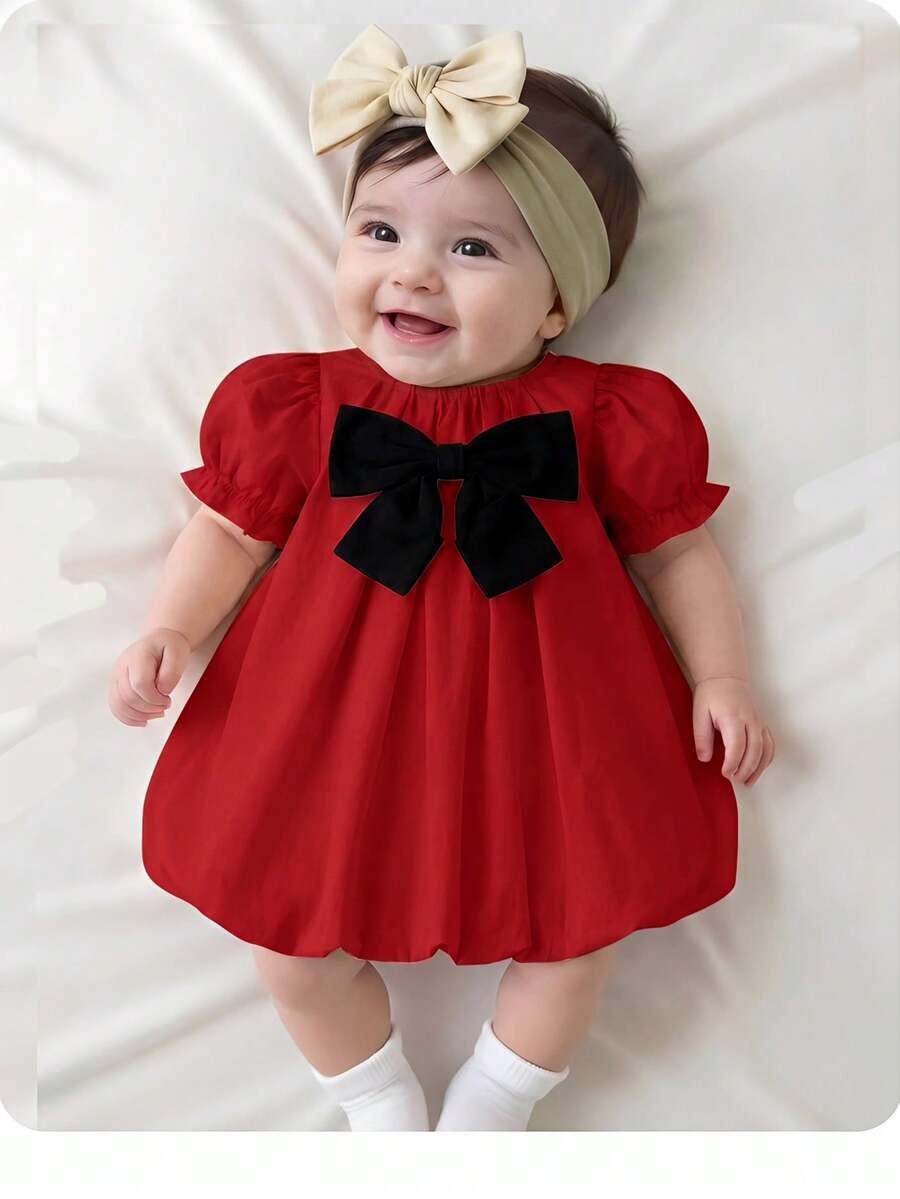 Baby Apricot Bowknot Long Sleeve Dress for Cute Daily and Outdoor Wear