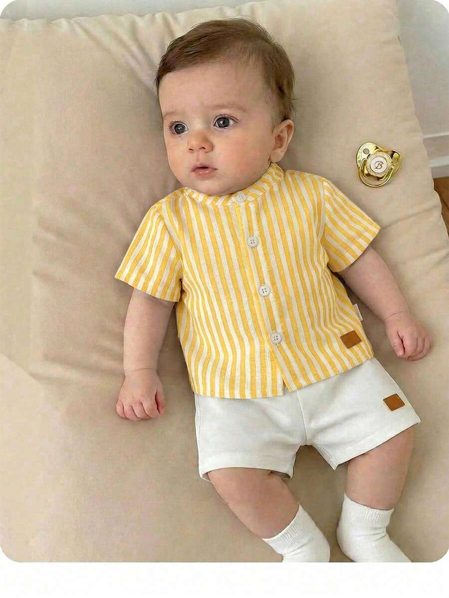 Striped Short Sleeve Shirt and Elastic Waist Shorts Set for Cute Summer Daily Wear
