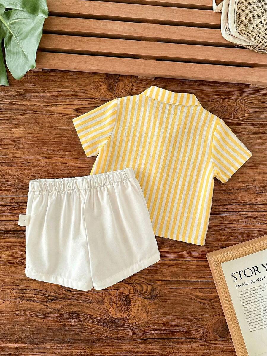 Striped Short Sleeve Shirt and Elastic Waist Shorts Set for Cute Summer Daily Wear