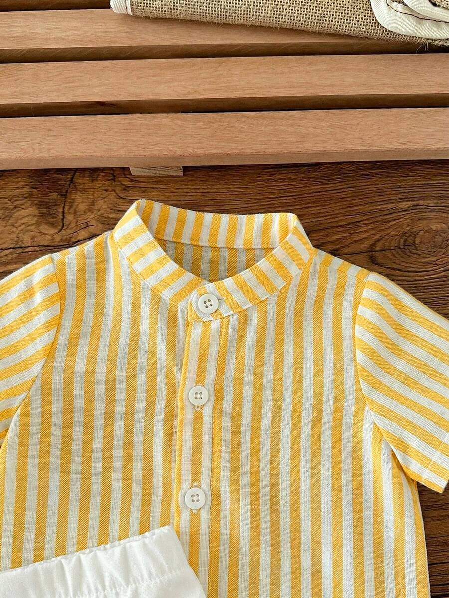 Striped Short Sleeve Shirt and Elastic Waist Shorts Set for Cute Summer Daily Wear