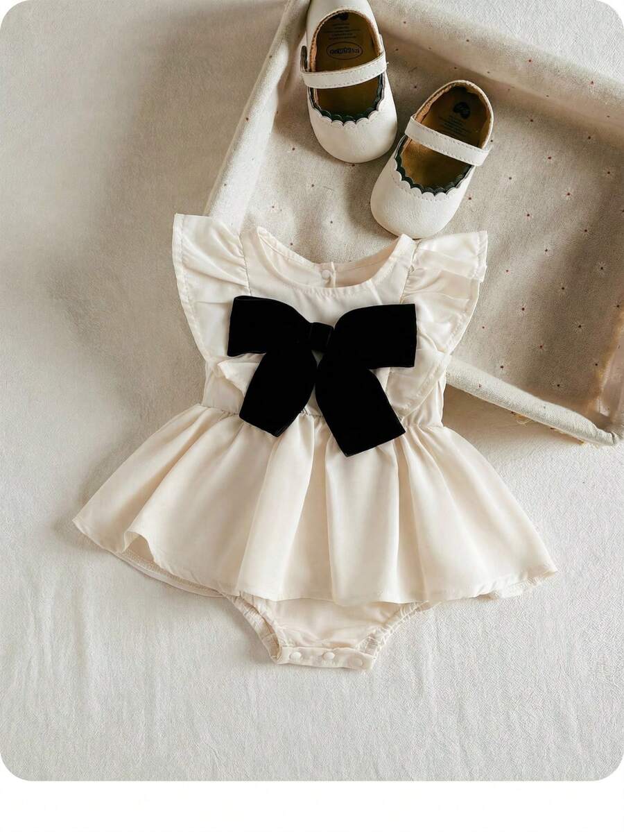 Embroidered Bow Decor Baby Girl Ruffle Sleeve Bodysuit for Everyday Wear