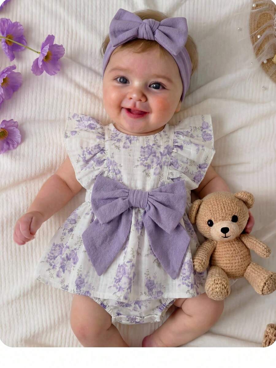 Embroidered Bow Decor Baby Girl Ruffle Sleeve Bodysuit for Everyday Wear