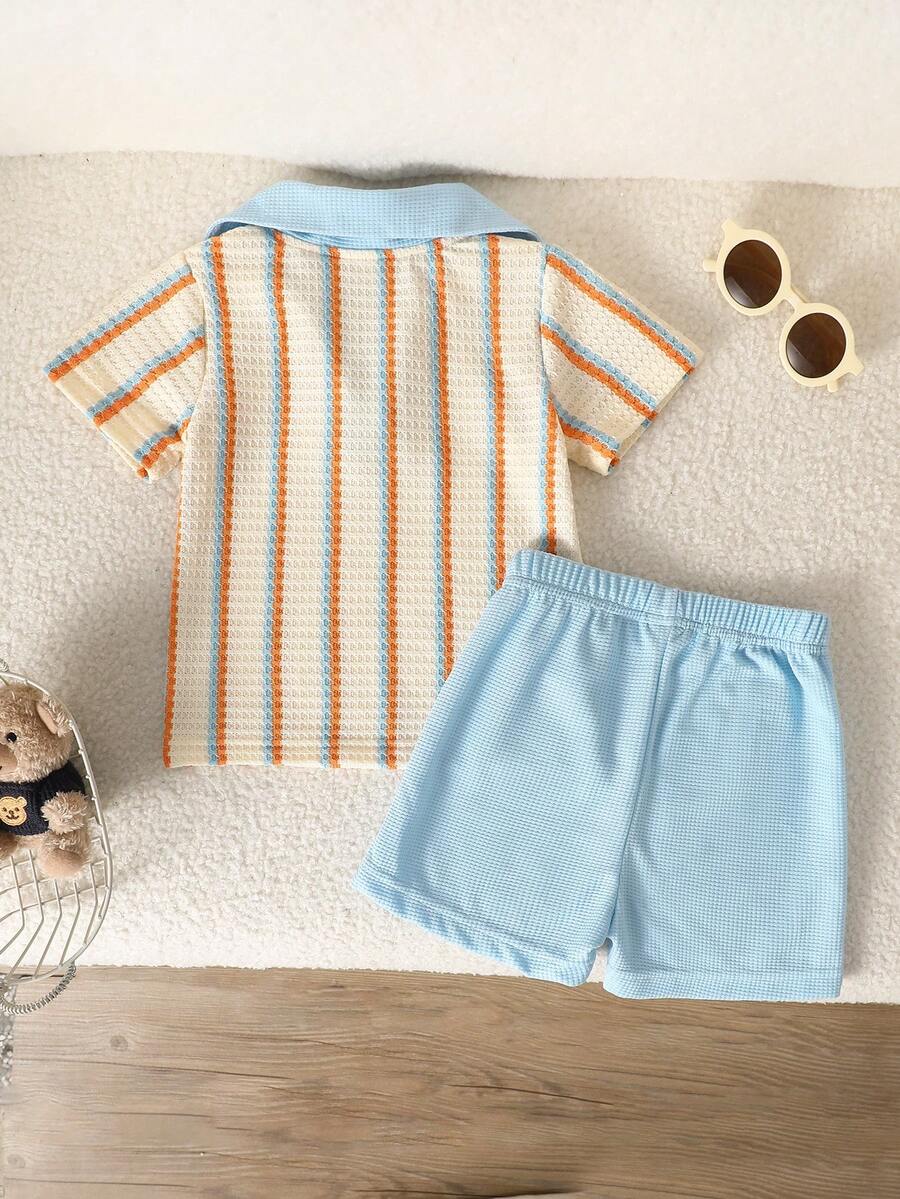 Playful Pals Baby Boy Khaki OOTD: Textured V-Neck and Striped Outfit