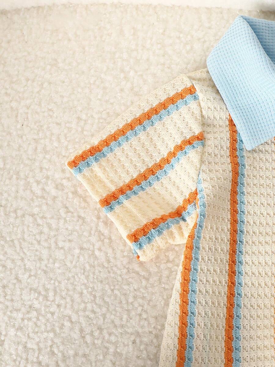 Playful Pals Baby Boy Khaki OOTD: Textured V-Neck and Striped Outfit