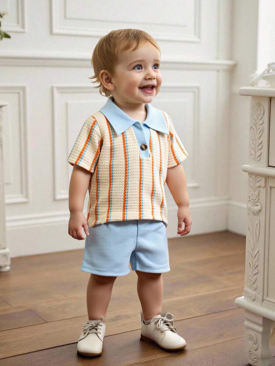 Playful Pals Baby Boy Khaki OOTD: Textured V-Neck and Striped Outfit