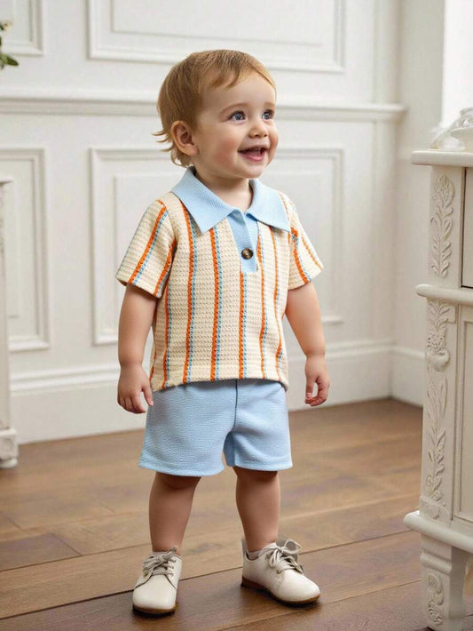 Playful Pals Baby Boy Khaki OOTD: Textured V-Neck and Striped Outfit