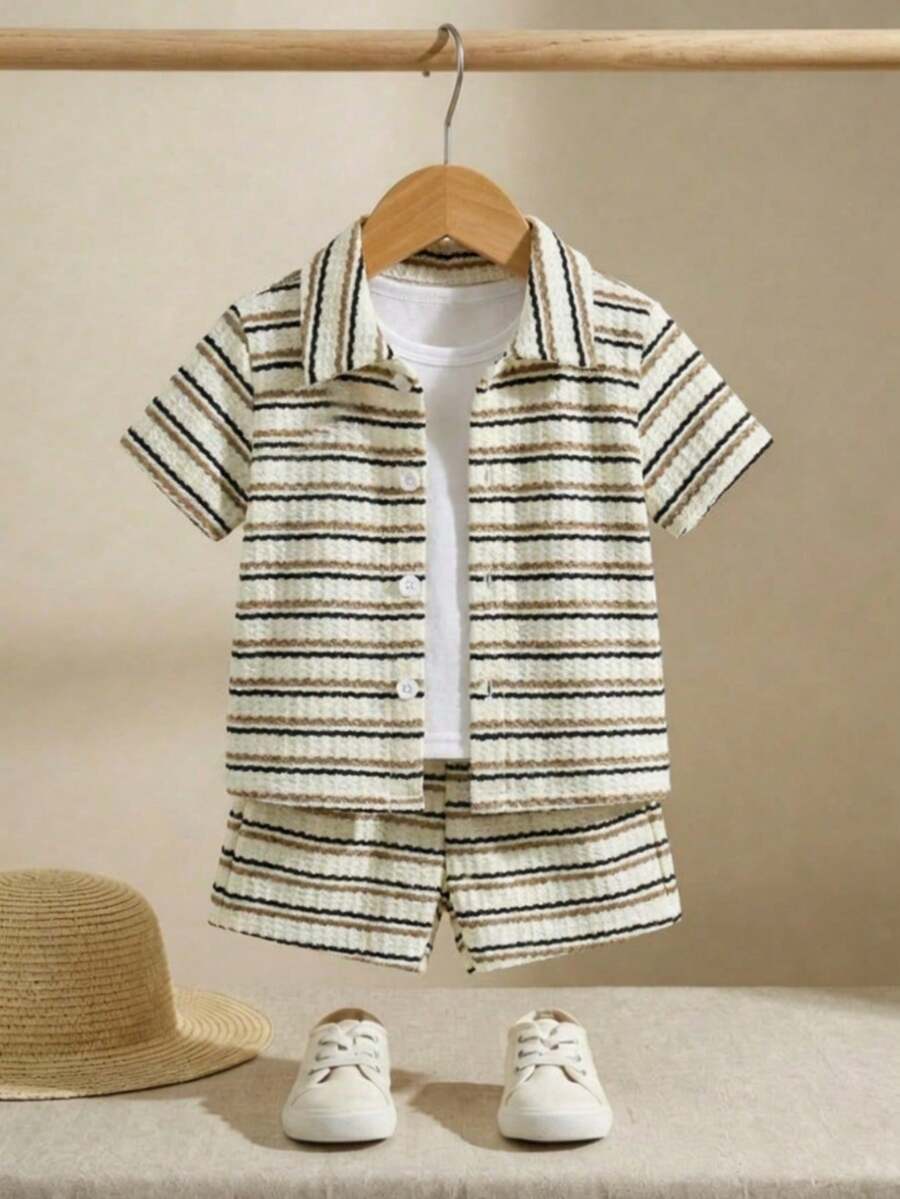 Infant Baby Boy Green White Striped Waffle Knit Polo Shirt and Shorts 2 Piece Casual Outfit Set