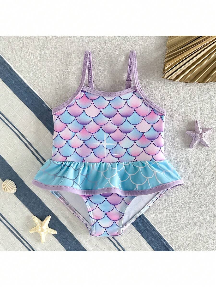 Baby Mermaid Print Bow Color Block One-Piece Swimsuit for Summer Beach Days
