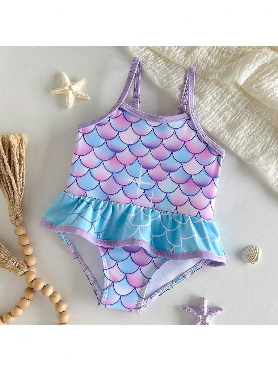 Baby Mermaid Print Bow Color Block One-Piece Swimsuit for Summer Beach Days