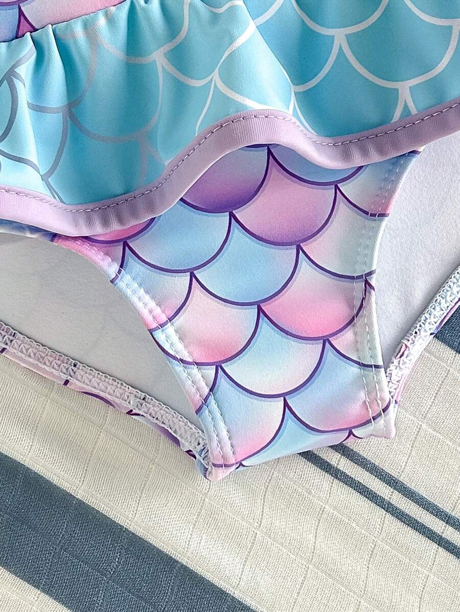 Baby Mermaid Print Bow Color Block One-Piece Swimsuit for Summer Beach Days