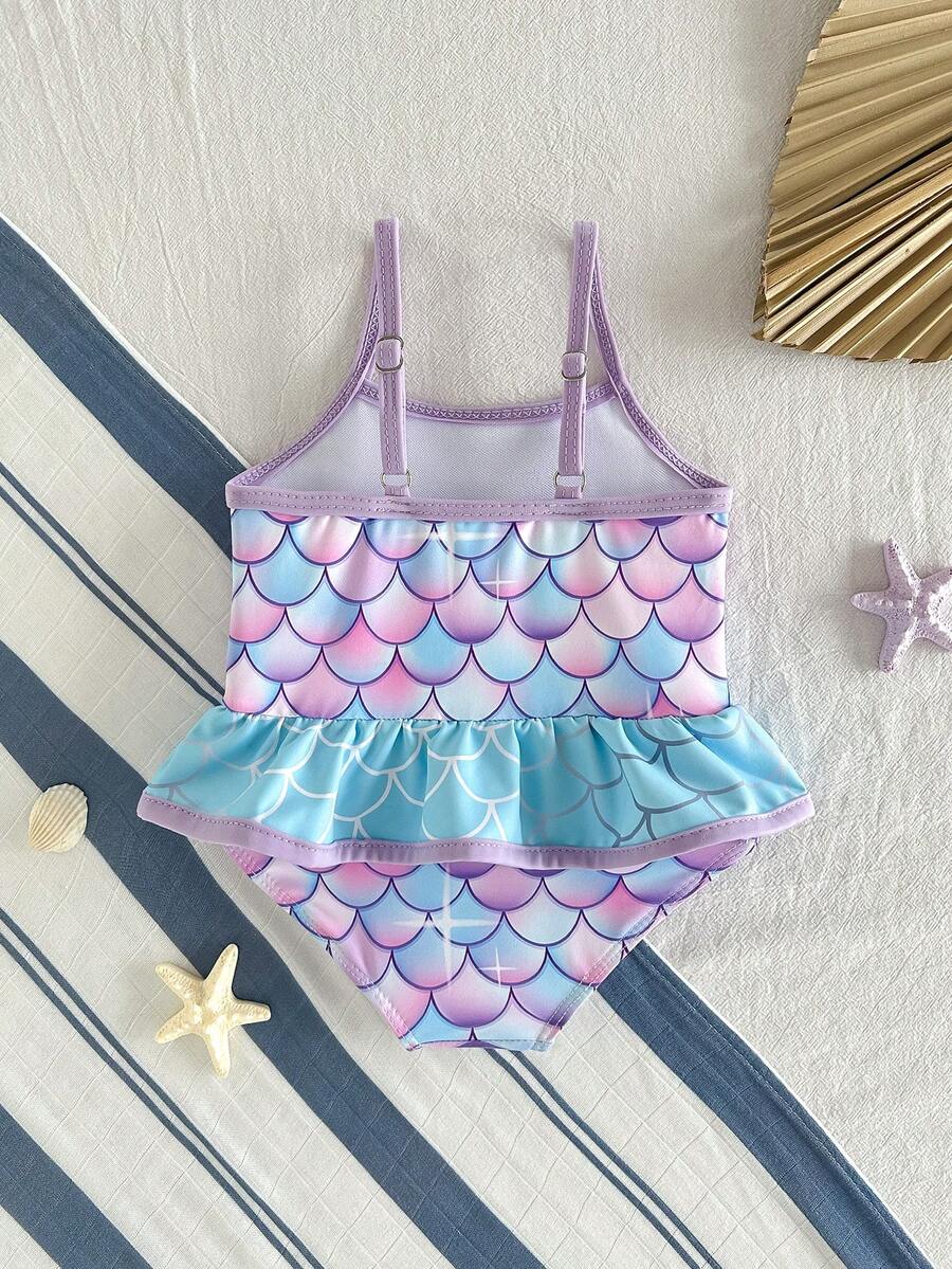 Baby Mermaid Print Bow Color Block One-Piece Swimsuit for Summer Beach Days