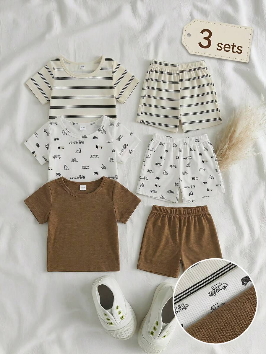 Infant Toddler Boys' Summer Outfit: Striped Waffle Tee and Letter Patch Shorts