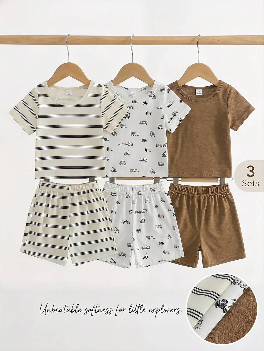 Infant Toddler Boys' Summer Outfit: Striped Waffle Tee and Letter Patch Shorts