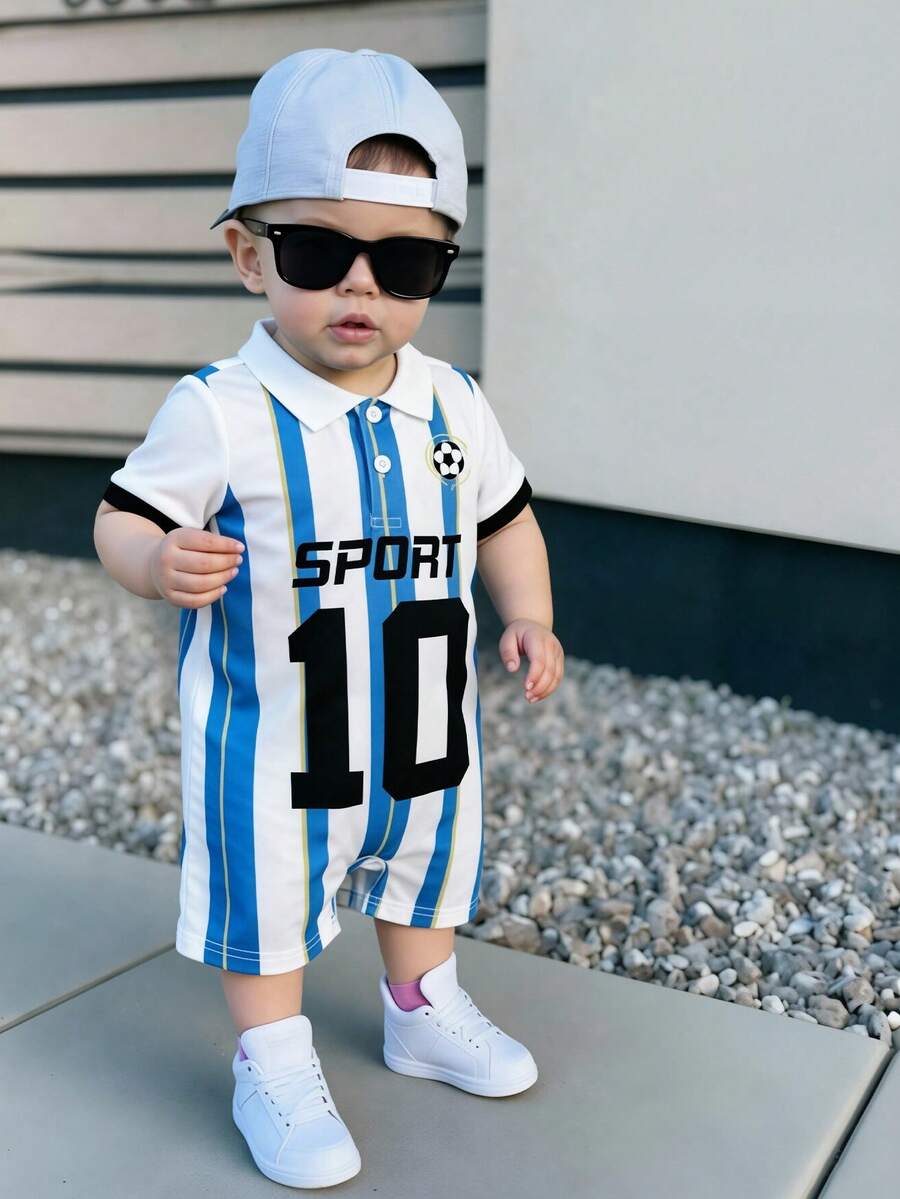 Unisex Newborn Baby Contrast Color Jacquard Polo Collar Half Zip Short Sleeve Jumpsuit Summer Outfit