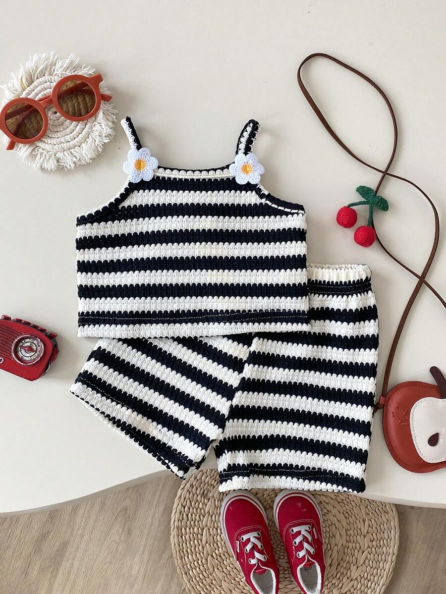 Striped Knit Camisole And Shorts Set For Baby Girls Summer Vacation Wear