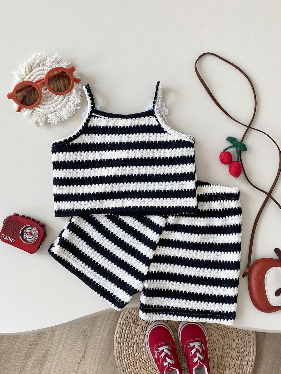 Striped Knit Camisole And Shorts Set For Baby Girls Summer Vacation Wear
