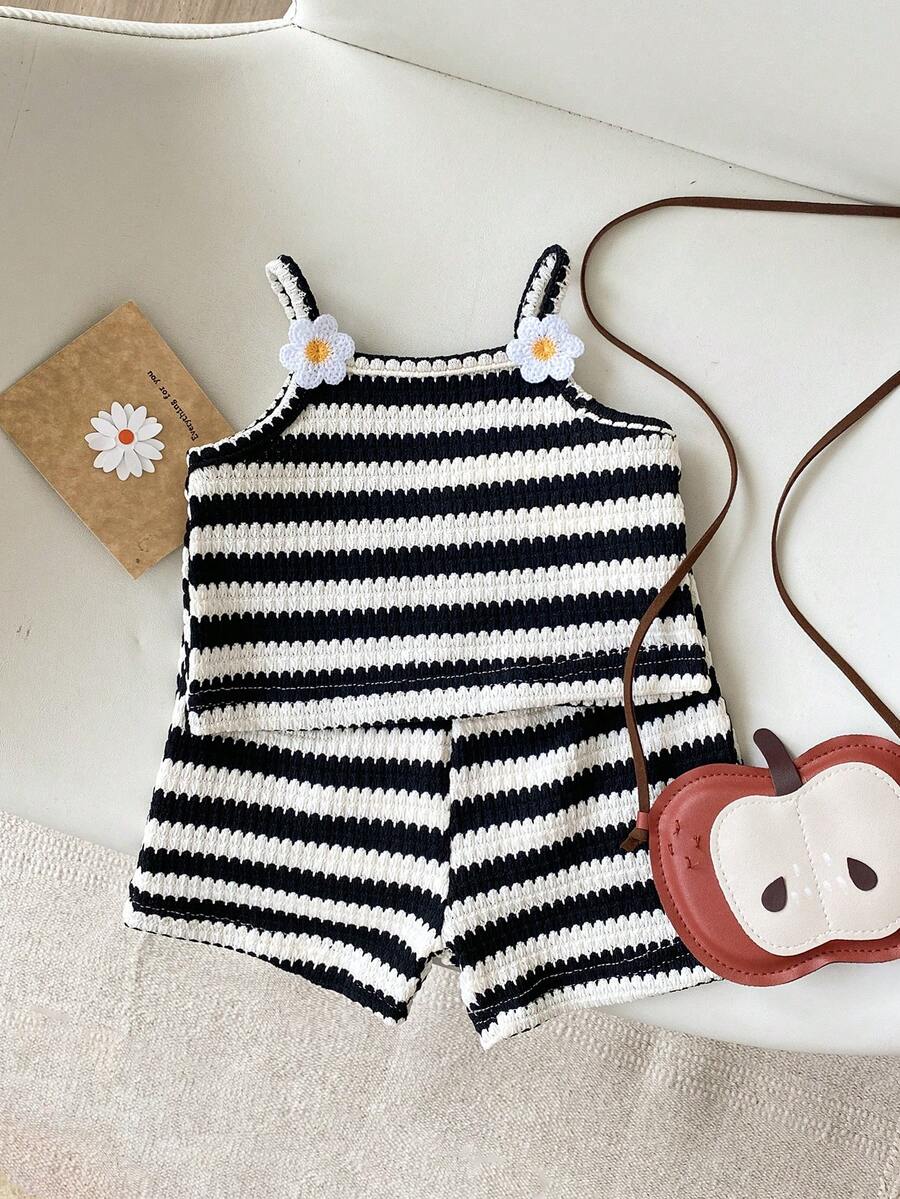 Striped Knit Camisole And Shorts Set For Baby Girls Summer Vacation Wear