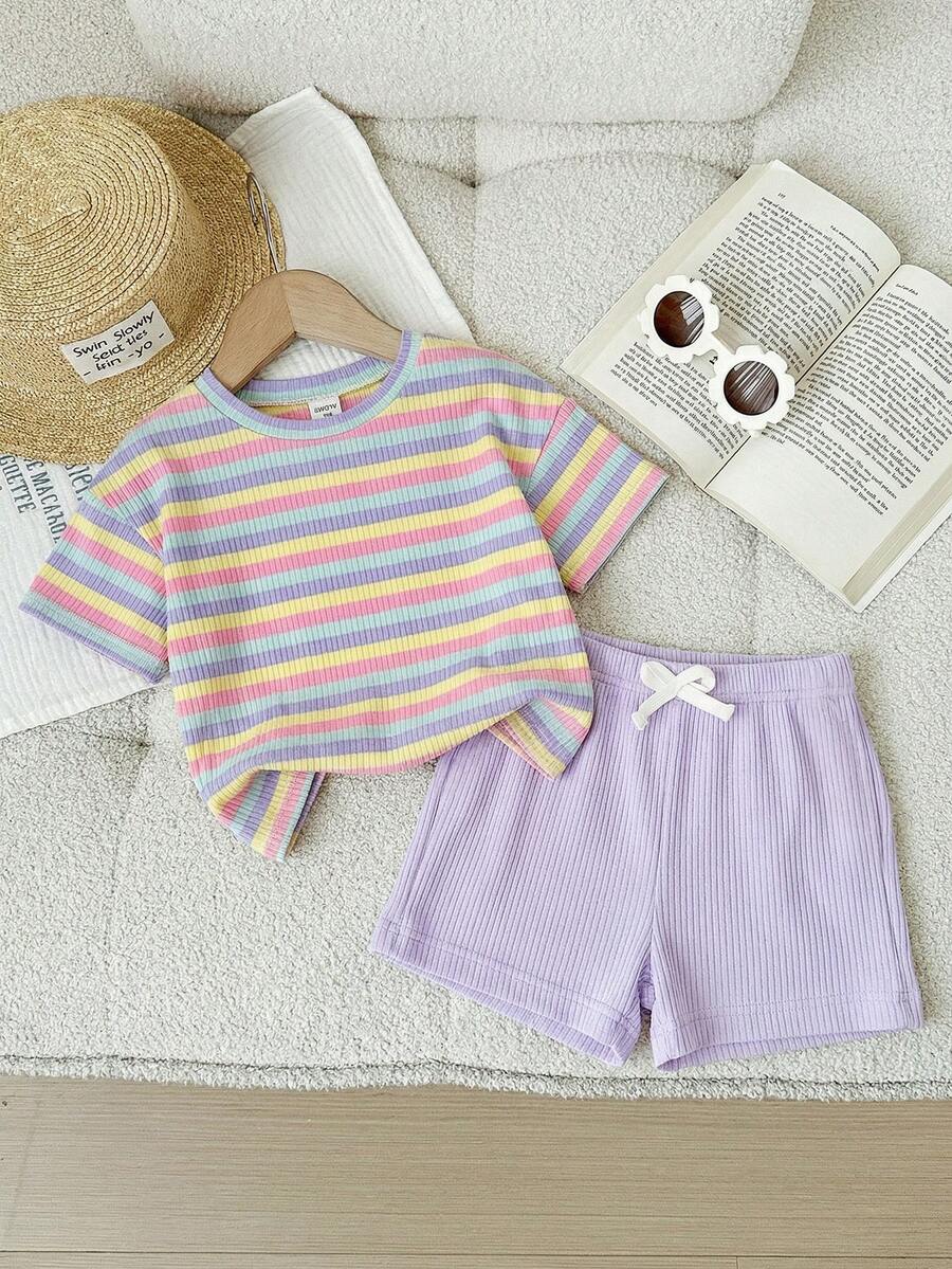 Rainbow Top And Elastic Waist Shorts Set For Toddler Girls Casual Wear