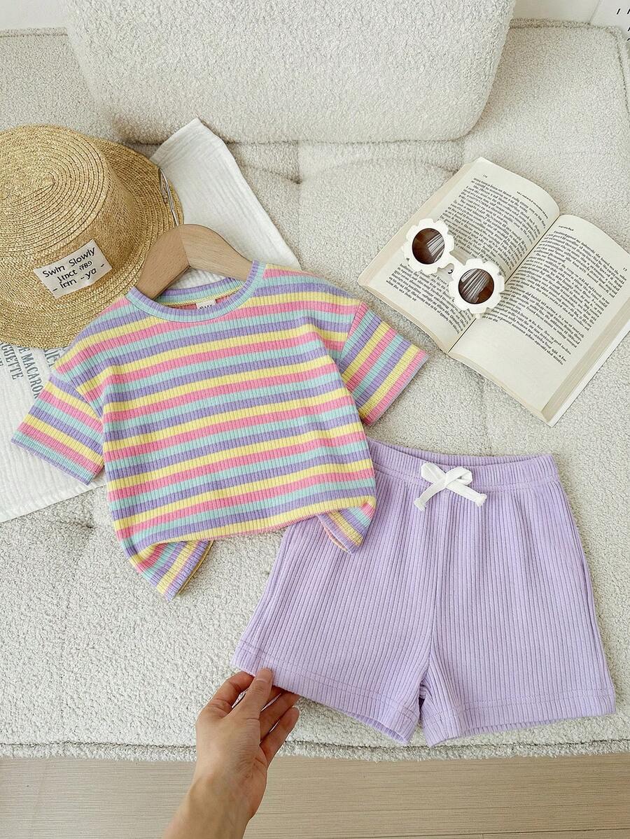 Rainbow Top And Elastic Waist Shorts Set For Toddler Girls Casual Wear