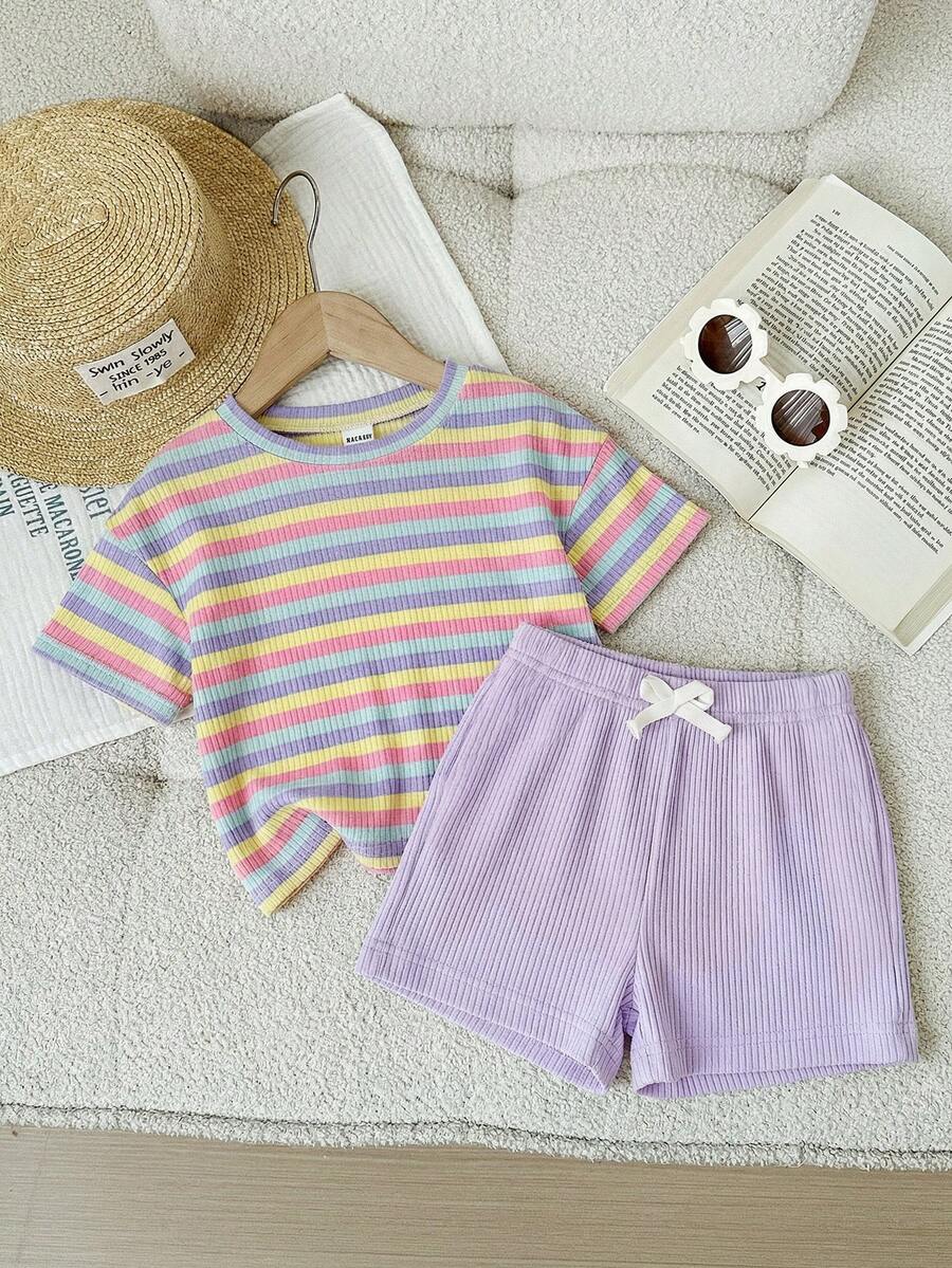 Rainbow Top And Elastic Waist Shorts Set For Toddler Girls Casual Wear