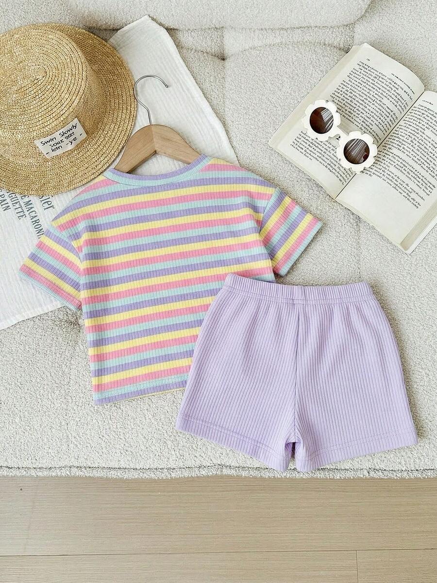 Rainbow Top And Elastic Waist Shorts Set For Toddler Girls Casual Wear