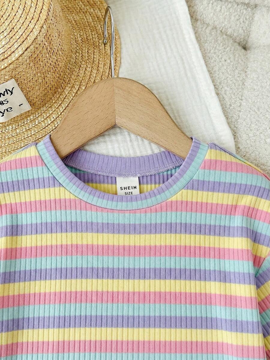 Rainbow Top And Elastic Waist Shorts Set For Toddler Girls Casual Wear