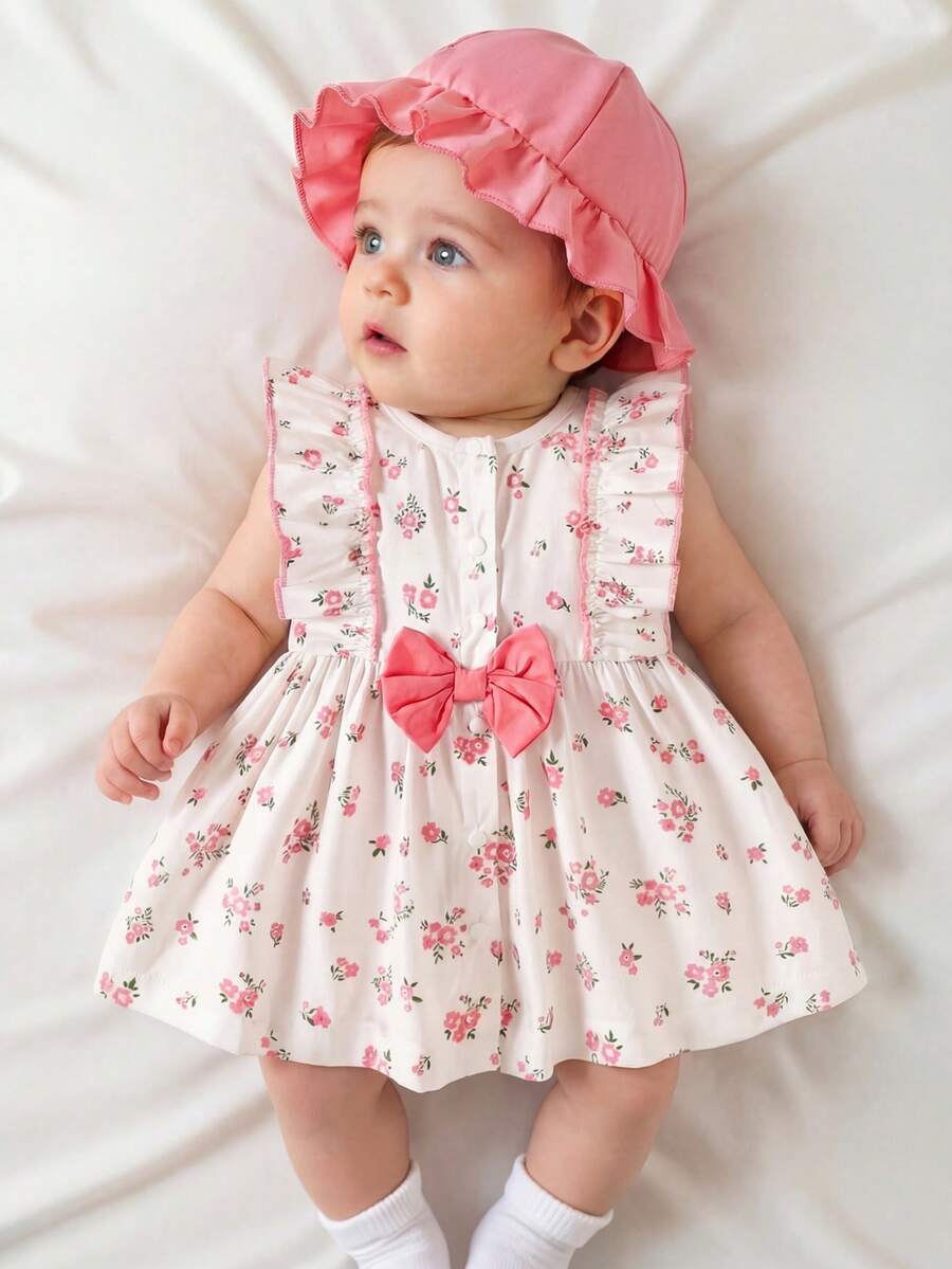 Baby Cherry Print Sleeveless Dress and Red Hat Set for Cute Summer Outings