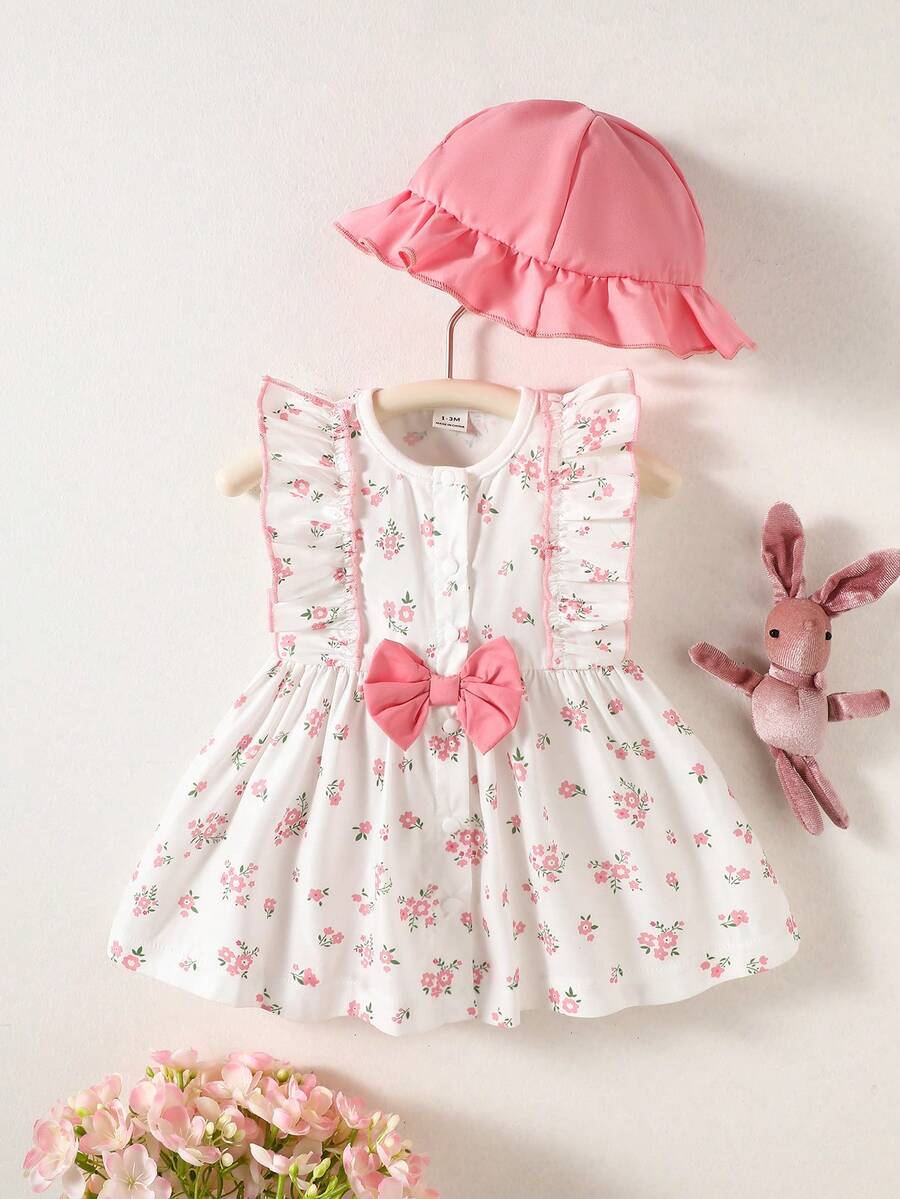 Baby Cherry Print Sleeveless Dress and Red Hat Set for Cute Summer Outings