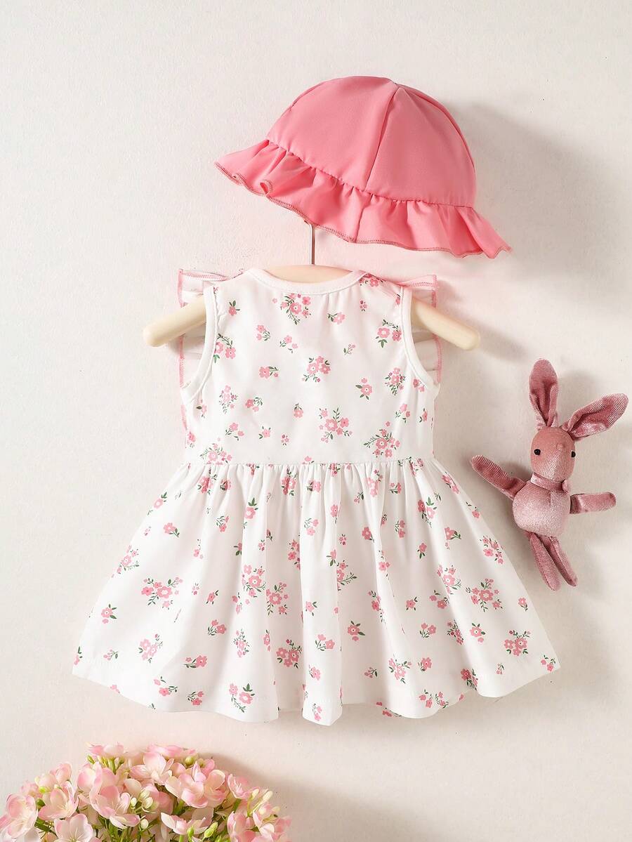 Baby Cherry Print Sleeveless Dress and Red Hat Set for Cute Summer Outings