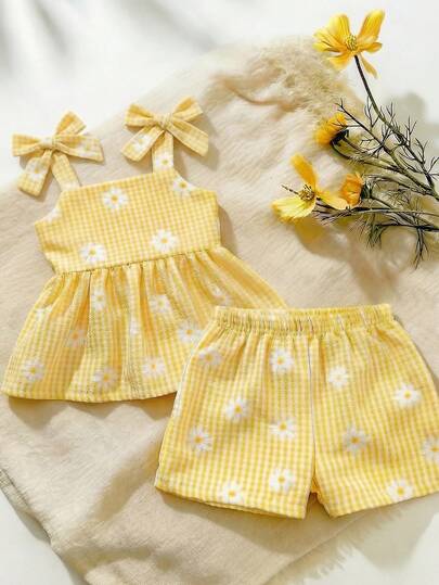Vacation Ready Striped Shorts Set For Baby Girls With Bow Detail Camisole
