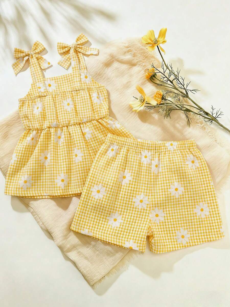 Vacation Ready Striped Shorts Set For Baby Girls With Bow Detail Camisole