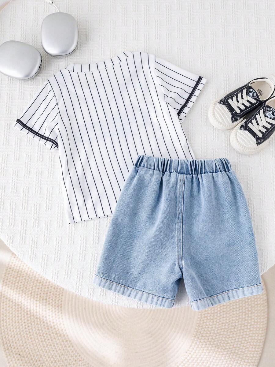 Baby Boy Black and White Striped T Shirt and Denim Shorts 2 Piece Casual Spring Summer Outfit Set