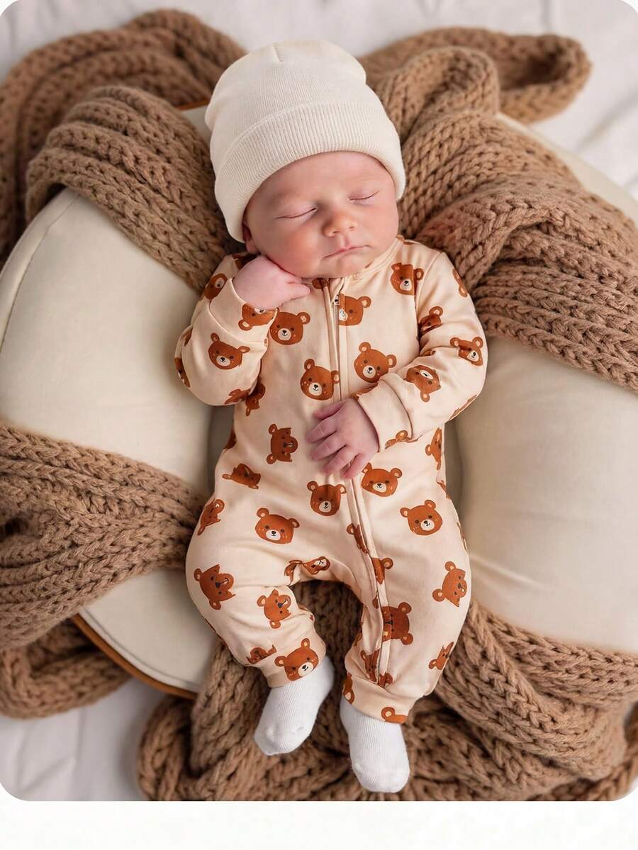 Cute Cartoon Bear Print Baby Zipper Romper for Newborn Boys and Girls