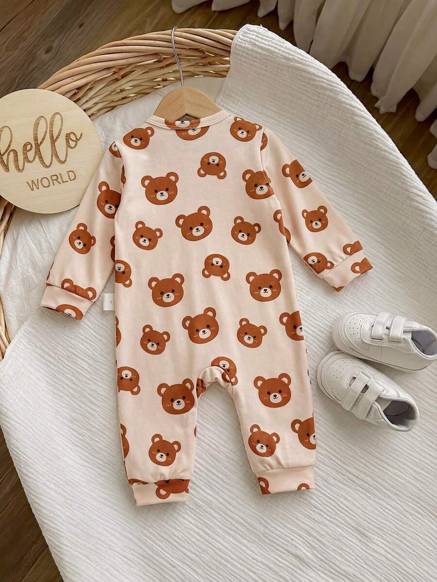Cute Cartoon Bear Print Baby Zipper Romper for Newborn Boys and Girls