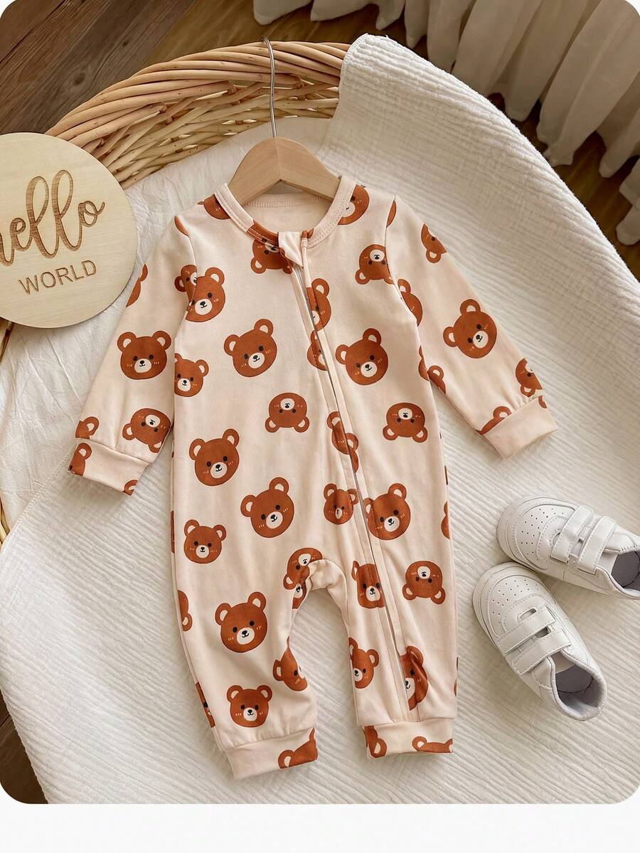 Cute Cartoon Bear Print Baby Zipper Romper for Newborn Boys and Girls