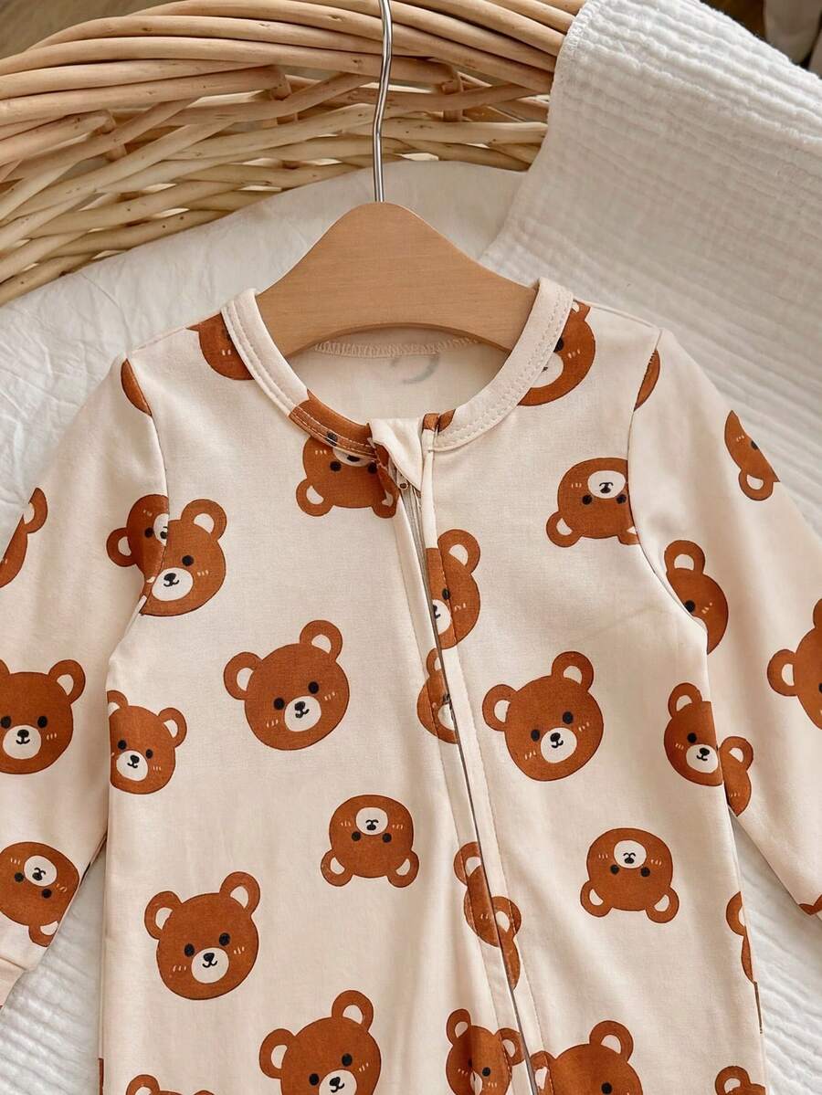 Cute Cartoon Bear Print Baby Zipper Romper for Newborn Boys and Girls